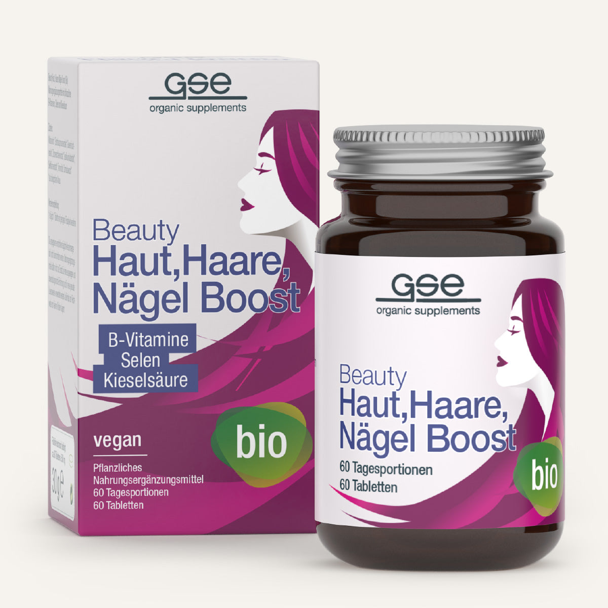Eine Schachtel und eine Flasche gse.organic.supplements Beauty Haut, Haare, Nägel Boost (Bio) in Lila und Grün mit einem stilisierten Frauengesicht und einem Text, der pflanzliche Mikronährstoffe und Bioqualität für Haut, Haare und Nägel hervorhebt.
