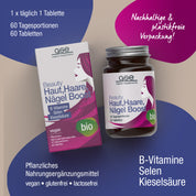 Eine Dose und ein Glas gse.organic.supplements Beauty Haut, Haare, Nägel Boost (Bio) mit B-Vitaminen und Kieselsäure auf lila Hintergrund; mit veganer, gluten- und laktosefreier Rezeptur und umweltfreundlicher Verpackung.