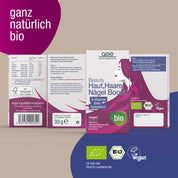 Die Verpackung von gse.organic.supplements Beauty Haut, Haare, Nägel Boost (Bio) zeigt das Gesicht und die Haare einer Frau, Bio- und Vegan-Etiketten, Informationen zu B-Vitaminen und Kieselsäure, Nährwertangaben und einen deutschen Text auf lila-weißem Hintergrund.