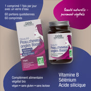 Eine Schachtel und ein Glas gse.organic.supplements Beauty Haut, Haare, Nägel Boost (Bio) FR sind mit einem stilisierten weiblichen Profil abgebildet. Der Text hebt B-Vitamin, Selen und Kieselsäure für eine umfassende Unterstützung von Haaren, Haut und Nägeln hervor.