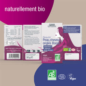 Drei Schachteln "Beauty Haut, Haare, Nägel Boost (Bio) FR" von gse.organic.supplements sind von vorne, hinten und von der Seite abgebildet. Das lila-weiße Design zeigt das Profil einer Frau und hebt B-Vitamin, Kieselsäure und Selen hervor.