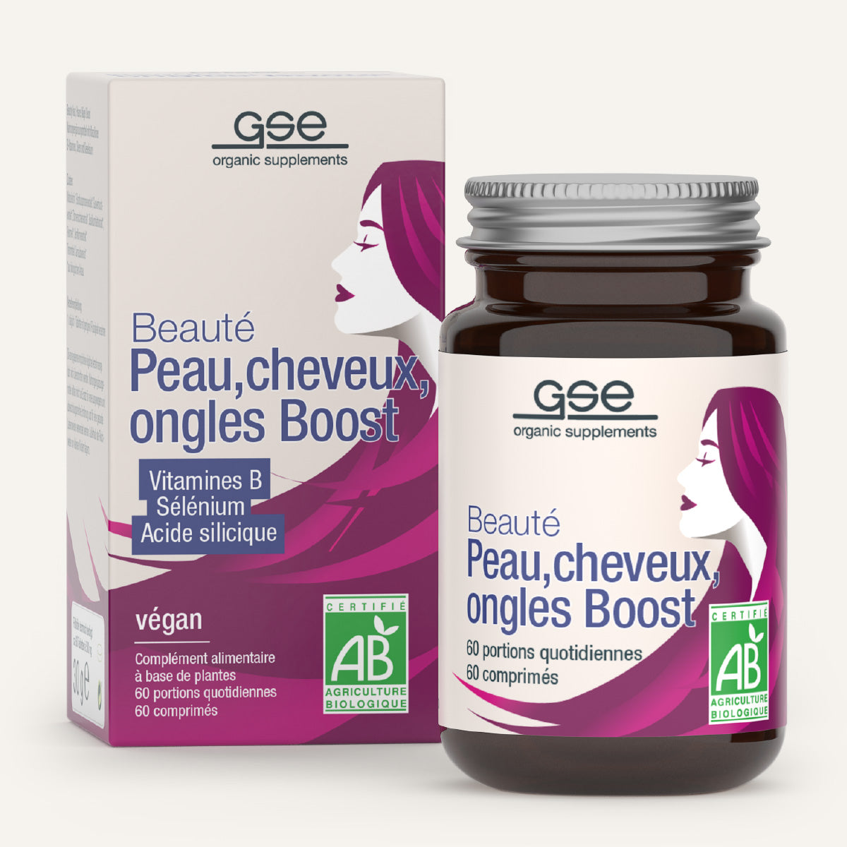 Eine Dose und Flasche gse.organic.supplements Beauty Haut, Haare, Nägel Boost (Bio) FR für Haut, Haare & Nägel. Vegan mit Kieselsäure & B-Vitamin. Die bio-zertifizierte Verpackung zeigt eine illustrierte Frau mit langen Haaren.