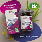 Eine Schachtel und eine Flasche gse.organic.supplements "Beauty Haut, Haare, Nägel Boost (Bio) FR", die als vegan, biologisch und pflanzlich für Haut, Haare und Nägel gekennzeichnet sind. Der französische Text hebt pflanzliche Inhaltsstoffe und Vitamine hervor.