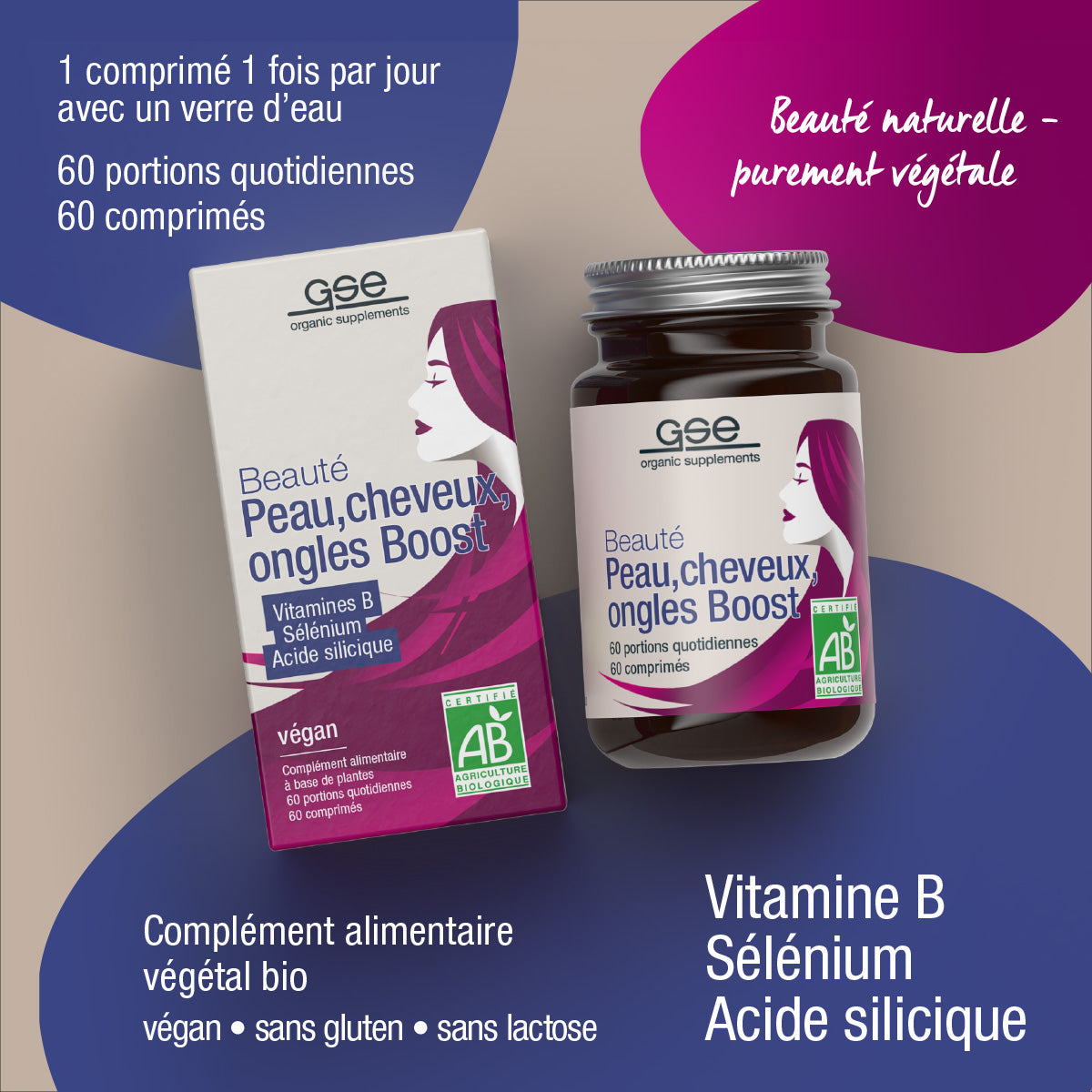 Eine Schachtel und eine Flasche Beauty Haut, Haare, Nägel Boost (Bio) FR von gse.organic.supplements mit B-Vitaminen, Selen und Kieselerde. Pflanzenbasierte, biologische und zusatzstofffreie Formel für Haut, Haare und Nägel.