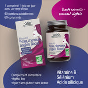 Eine Schachtel und eine Flasche Beauty Haut, Haare, Nägel Boost (Bio) FR von gse.organic.supplements mit B-Vitaminen, Selen und Kieselerde. Pflanzenbasierte, biologische und zusatzstofffreie Formel für Haut, Haare und Nägel.