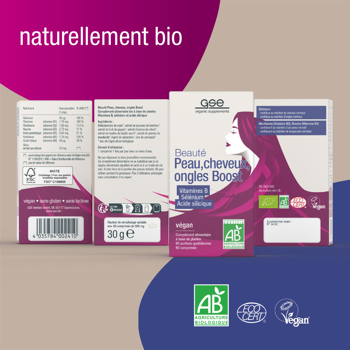 Verpackung der gse.organic.supplements "Beauty Haut, Haare, Nägel Boost (Bio) FR" mit stilisierter Frau, Inhaltsstoff-Highlights von Kieselsäure und B-Vitamin, Vegan- und Bio-Logo sowie "naturellement bio" darüber.