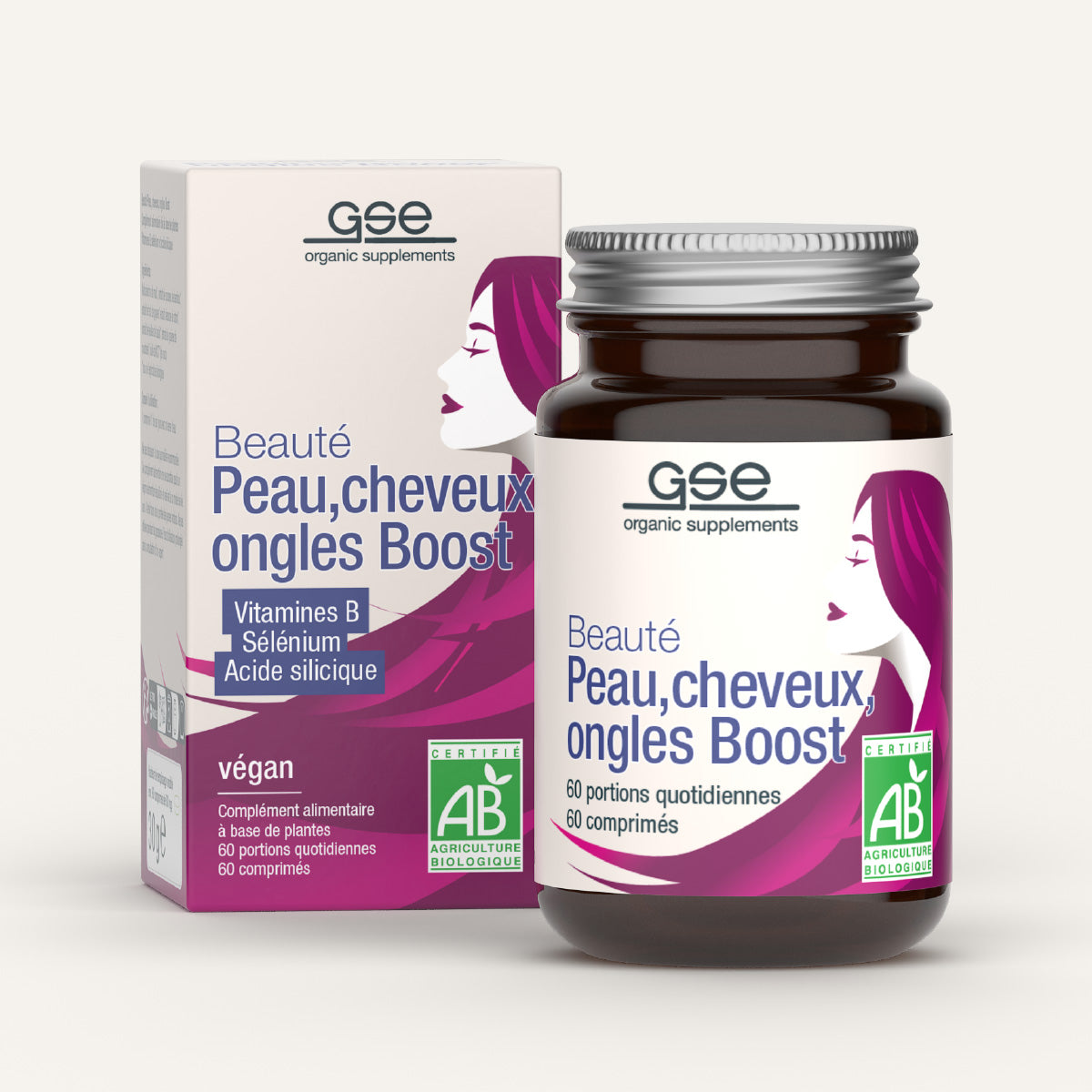 Eine Flasche und eine Schachtel gse.organic.supplements Beauty Haut, Haare, Nägel Boost (Bio) FR mit einem stilisierten weiblichen Profil und französischen Angaben zu B-Vitamin, Kieselsäure, Selen, sowie essentiellen Nährstoffen für Haut, Haare und Nägel.