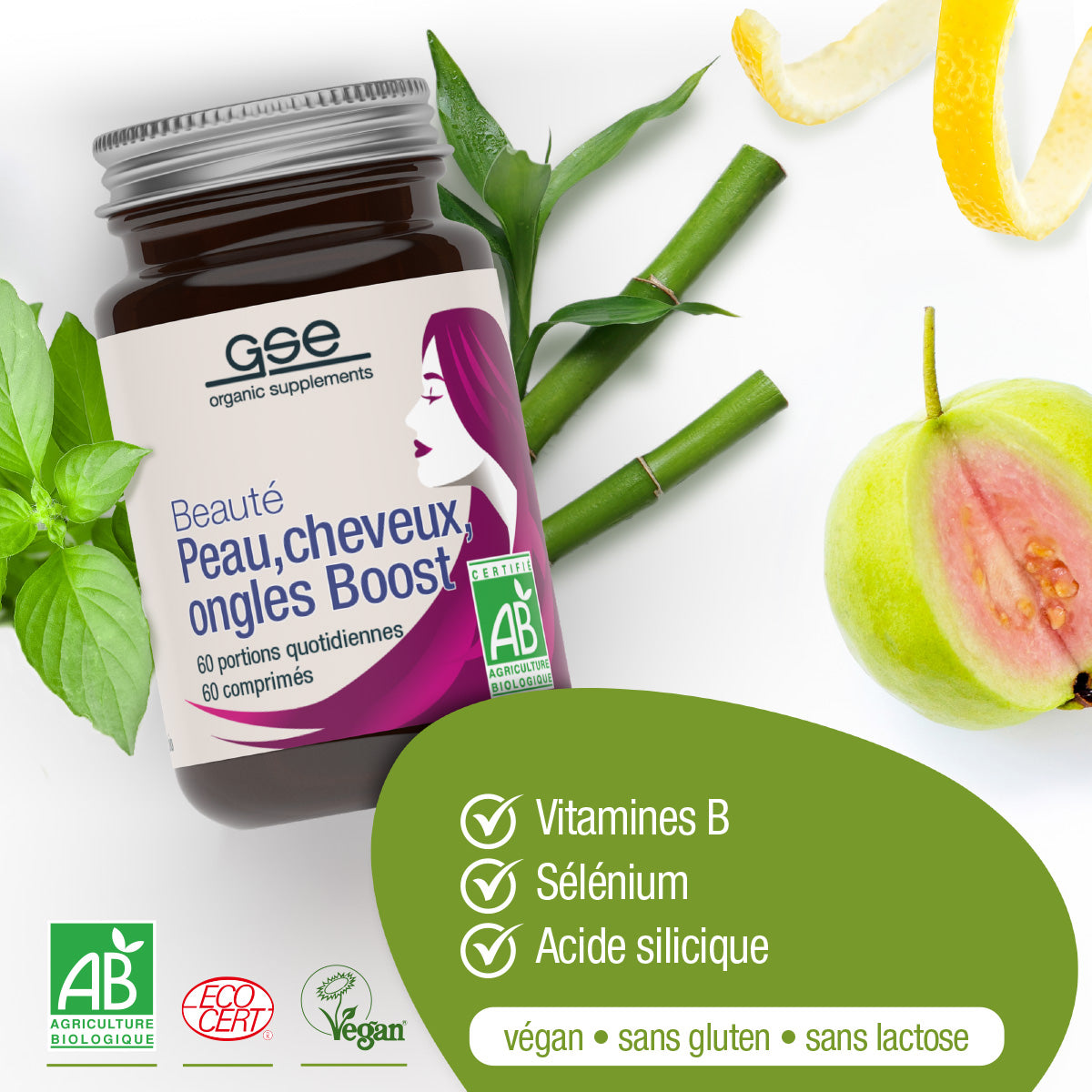 Ein Döschen gse.organic.supplements Beauty Haut, Haare, Nägel Boost (Bio) FR mit Kräuter-, Guaven- und Bambusabbildungen. Etiketten zeigen vegan, gluten- & laktosefrei, mit B-Vitamin, Selen & Kieselsäure. Die Zertifizierungen sind unten aufgeführt.