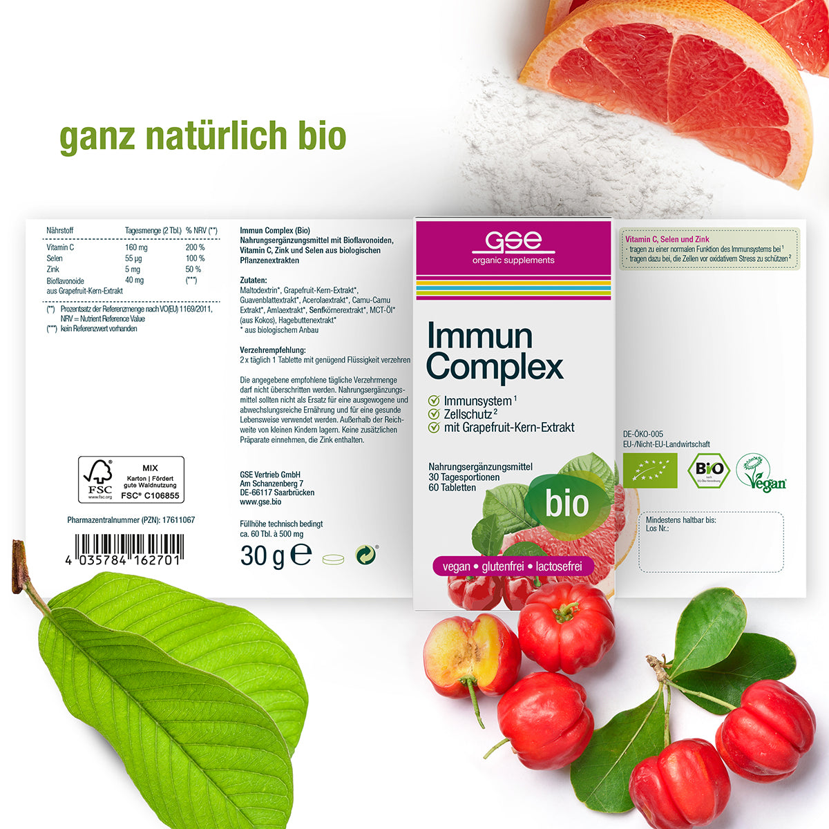 Das Bild zeigt die Verpackung von Immun Complex (Bio) von gse.organic.supplements, einem veganen, pflanzlichen Bio-Nahrungsergänzungsmittel mit Grapefruitkernextrakt. Grapefruithälften und Acerolakirschen unterstreichen seine immunstärkende Wirkung.