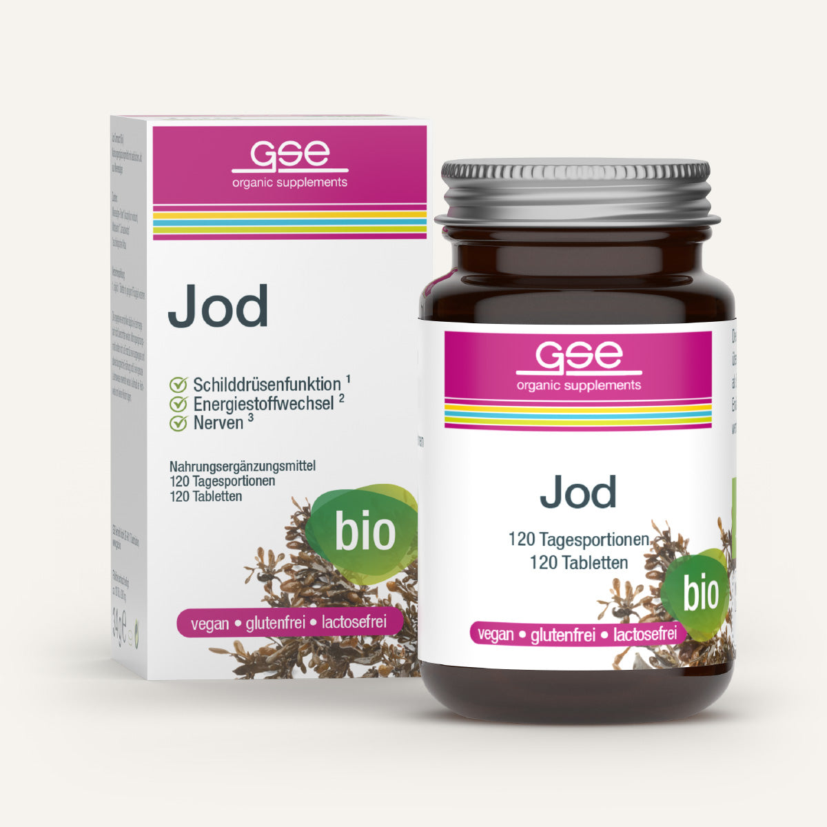 Eine braune Glasflasche und ihre Verpackung mit der Aufschrift Jod Compact (Bio) von gse.organic.supplements. Die Verpackung ist mit Algengrafiken versehen, hebt "natürliches Jod aus Meeresalgen" hervor und ist als vegan, glutenfrei, laktosefrei und bio gekennzeichnet.