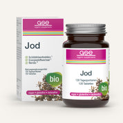 Eine braune Glasflasche und ihre Verpackung mit der Aufschrift Jod Compact (Bio) von gse.organic.supplements. Die Verpackung ist mit Algengrafiken versehen, hebt "natürliches Jod aus Meeresalgen" hervor und ist als vegan, glutenfrei, laktosefrei und bio gekennzeichnet.