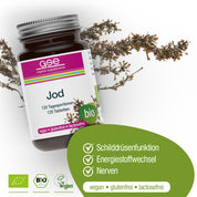 Eine Dose gse.organic.supplements Jod Compact (Bio) ist mit getrockneten Pflanzen abgebildet. Laut Etikett ist es vegan, glutenfrei, enthält natürliches Jod und unterstützt Schilddrüsenhormone, Stoffwechsel und Nerven. Mit grünen und weißen Design-Highlights.