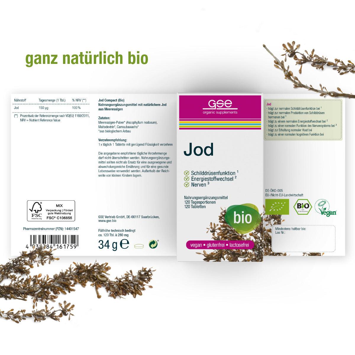 Abgebildet ist eine Packung Jod Compact (Bio) von gse.organic.supplements mit deutschem Text, dem Logo der Vegan- und Bio-Zertifizierung, getrockneten Pflanzenzweigen und der Aufschrift "ganz natürlich bio" am oberen Rand.