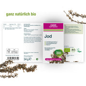 Abgebildet ist eine Packung Jod Compact (Bio) von gse.organic.supplements mit deutschem Text, dem Logo der Vegan- und Bio-Zertifizierung, getrockneten Pflanzenzweigen und der Aufschrift "ganz natürlich bio" am oberen Rand.