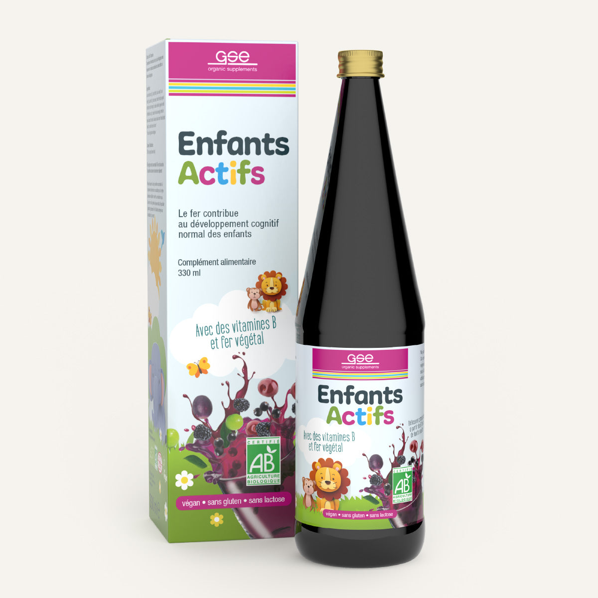 Eine Flasche und eine Schachtel gse.organic.supplements Kinder Aktiv Complex (Bio) FR, ein Nahrungsergänzungsmittel für Kinder, mit farbenfrohen Illustrationen von Pflanzen und Cartoon-Tieren und einem französischen Text über die biozertifizierte Formel mit pflanzlichem Eisen.