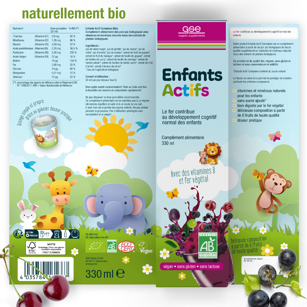 Die leuchtende Verpackung für gse.organic.supplements Kinder Aktiv Complex (Bio) FR zeigt Cartoon-Tiere, Beeren und Natur. Etiketten heben biozertifiziertes, pflanzliches Eisen hervor, reich an Vitaminen und pflanzlichen Inhaltsstoffen.