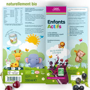Die leuchtende Verpackung für gse.organic.supplements Kinder Aktiv Complex (Bio) FR zeigt Cartoon-Tiere, Beeren und Natur. Etiketten heben biozertifiziertes, pflanzliches Eisen hervor, reich an Vitaminen und pflanzlichen Inhaltsstoffen.