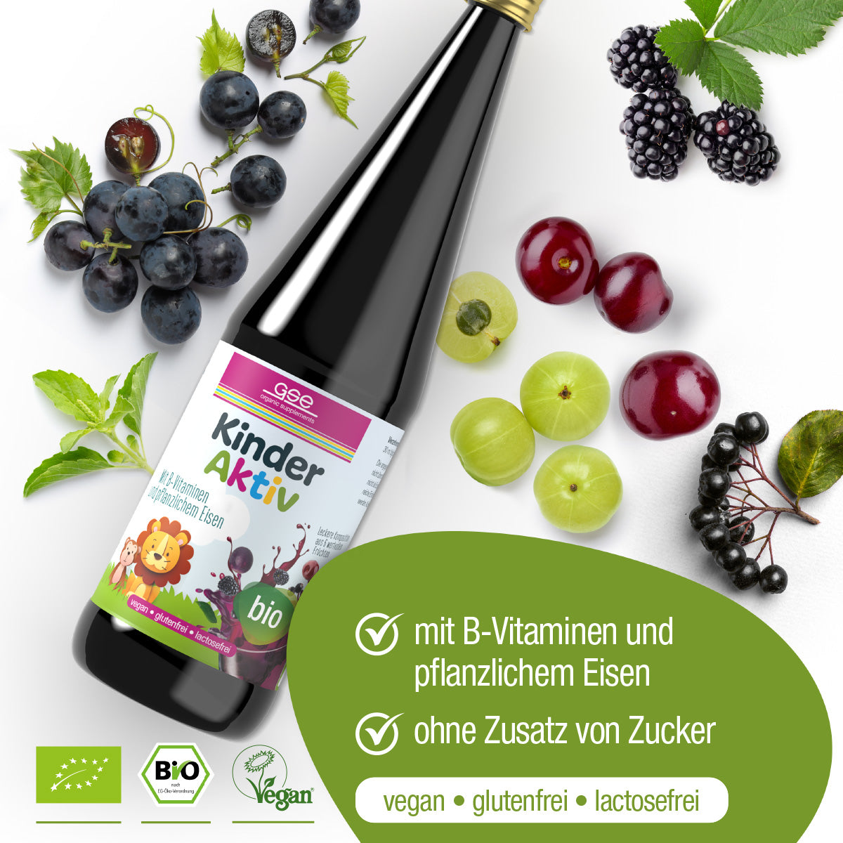 Eine Flasche gse.organic.supplements Kinder Aktiv Complex (Bio) ist mit Trauben, Kirschen, Stachelbeeren und schwarzen Johannisbeeren abgebildet. Auf dem Etikett sind Cartoon-Tiere abgebildet und es wird auf B-Vitamine für Kinder, Eisen auf pflanzlicher Basis, vegan, gluten- und laktosefrei und ohne Zuckerzusatz hingewiesen.