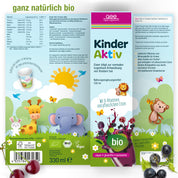 Kinder Aktiv Complex (Bio) von gse.organic.supplements kommt in einer Verpackung mit bunten Giraffen-, Elefanten-, Löwen- und Apfelmotiven. Die Schachtel hebt "biozertifiziert", "vegan", "glutenfrei", "B-Vitamin für Kinder" und "Beeren und Blätter" am unteren Rand hervor.