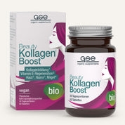 Eine Schachtel und eine Flasche Beauty Kollagen-Boost (Bio) von gse.organic.supplements mit 60 veganen Tabletten. Die pflanzliche Formel unterstützt Haut, Haare und Nägel und zeigt auf der Verpackung das Profil einer rosa Frau.