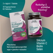 Eine Schachtel und ein Glas von gse.organic.supplements Beauty Kollagen-Boost (Bio) sind auf einem beigefarbenen Hintergrund abgebildet. Der Text hebt pflanzliches Kollagen, Vitamin C, Biotin, Selen und die umweltfreundliche, plastikfreie Verpackung hervor.