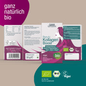Die Schachteln von Beauty Kollagen-Boost (Bio) von gse.organic.supplements sind mit lila und grünen Etiketten versehen, die veganes, pflanzliches Kollagen für Haut, Haare und Nägel hervorheben. Auf dem blaugrünen und lila Hintergrund steht "ganz natürlich bio".