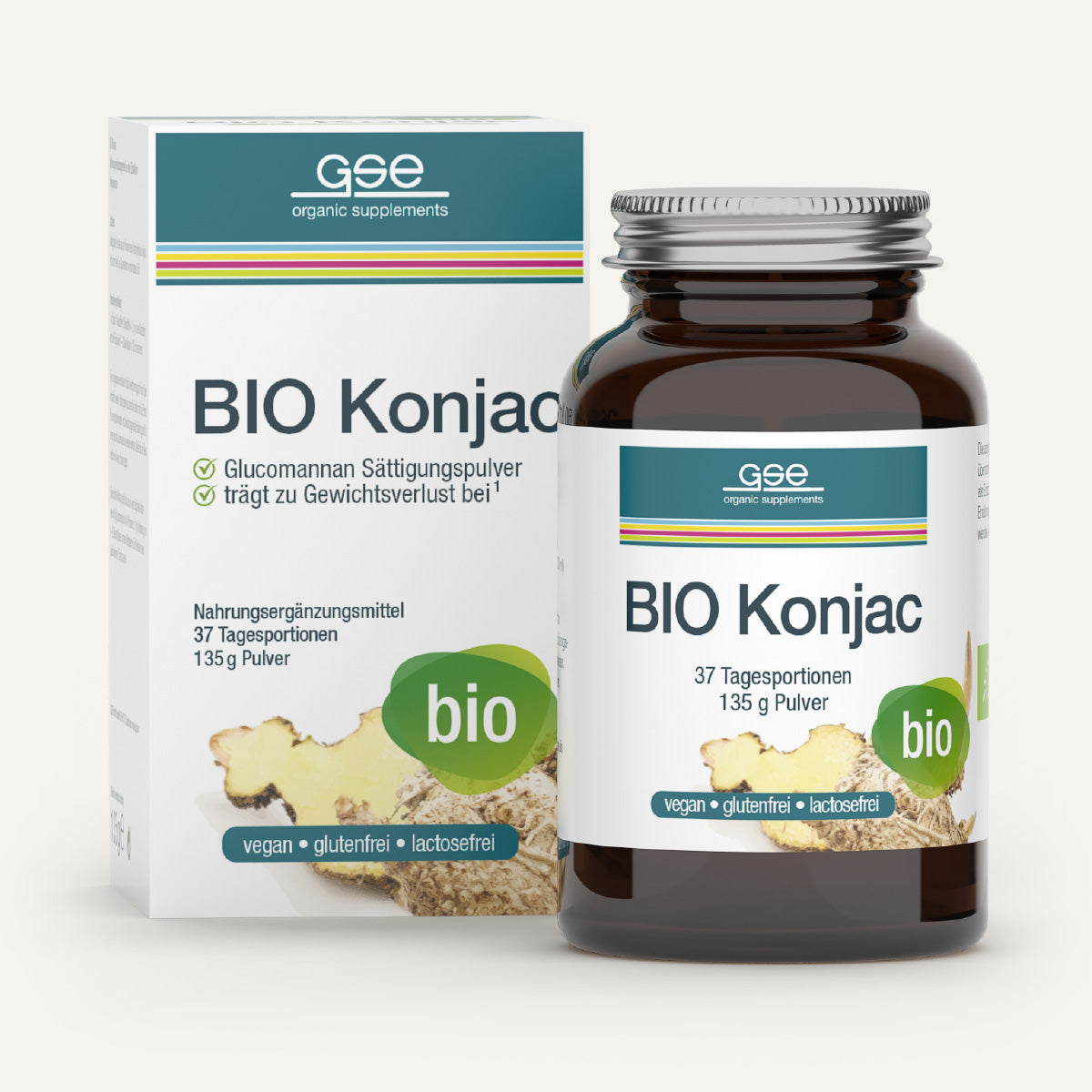 Eine braune Glasflasche und eine Schachtel mit BIO Konjac Glucomannan Sättigungspulver von gse.organic.supplements sind mit grünen Akzenten und Bildern der Konjakwurzel versehen und heben die vegane, gluten- und laktosefreie, biologische Pflanzenfaser hervor.