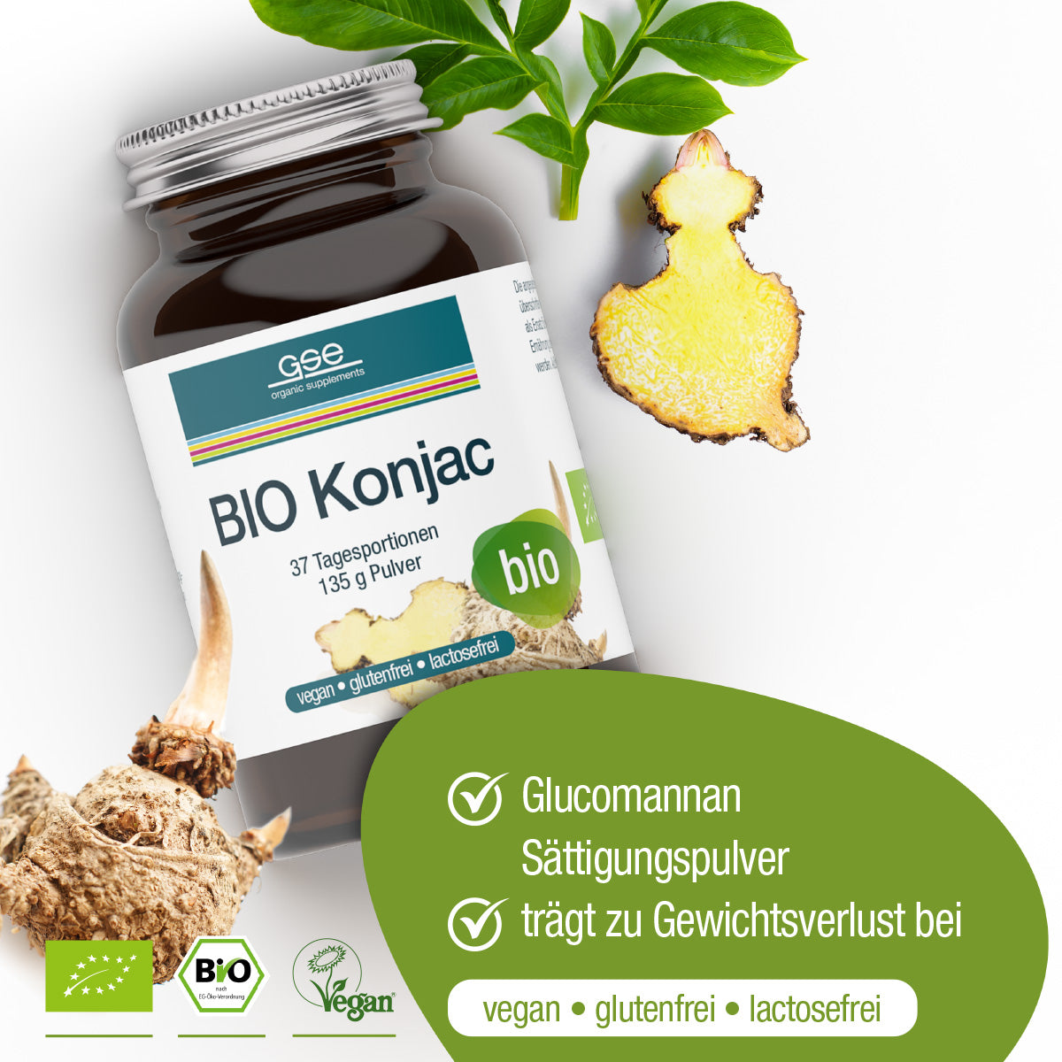 Eine Dose BIO Konjac Glucomannan Sättigungspulver von gse.organic.supplements steht neben Ingwer und Konjakwurzel. Vegane, glutenfreie und laktosefreie Icons sind abgebildet. Der Text hebt das pflanzliche Glucomannan zur Gewichtsabnahme und Sättigung hervor.