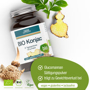 Eine Dose BIO Konjac Glucomannan Sättigungspulver von gse.organic.supplements steht neben Ingwer und Konjakwurzel. Vegane, glutenfreie und laktosefreie Icons sind abgebildet. Der Text hebt das pflanzliche Glucomannan zur Gewichtsabnahme und Sättigung hervor.