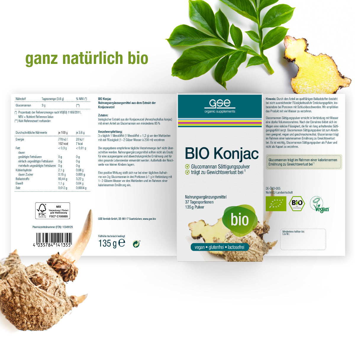 Das BIO Konjac Glucomannan Sättigungspulver von gse.organic.supplements zeigt Konjacwurzel, grüne Blätter, Nährwertangaben, pflanzlichen Ballaststoff, Bio- & Vegan-Zertifizierungen und "ganz natürlich bio" auf weißem Hintergrund.