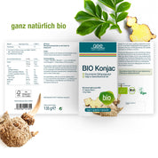 Das BIO Konjac Glucomannan Sättigungspulver von gse.organic.supplements zeigt Konjacwurzel, grüne Blätter, Nährwertangaben, pflanzlichen Ballaststoff, Bio- & Vegan-Zertifizierungen und "ganz natürlich bio" auf weißem Hintergrund.