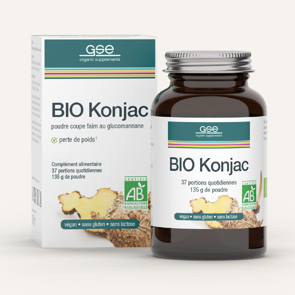 Eine Flasche und eine Schachtel BIO Konjac FR von gse.organic.supplements, ein biologisches Glucomannan-Pulver mit grüner und weißer Verpackung mit geschnittener Konjakwurzel. Besonders hervorzuheben sind die veganen, glutenfreien und laktosefreien Vorteile.