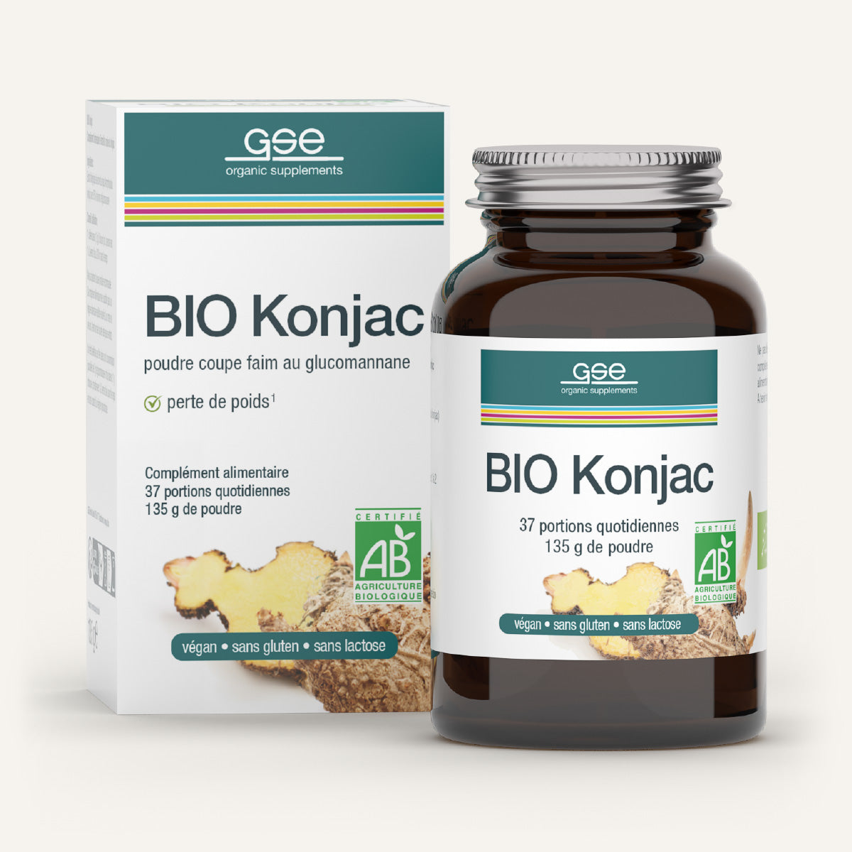 Eine braune Glasflasche und eine Schachtel mit der Aufschrift BIO Konjac FR von gse.organic.supplements in Grün und Weiß werben für ein biologisches, veganes Nahrungsergänzungsmittel mit Konjakwurzel-Ballaststoff Glucomannan - gluten- und laktosefrei.