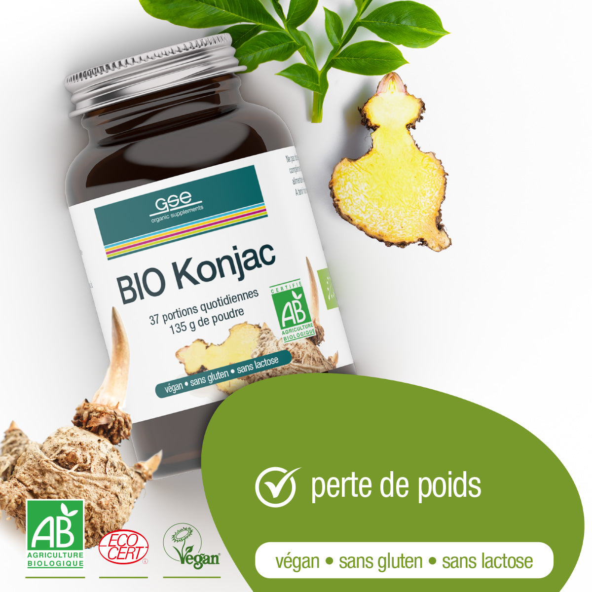 Ein Glas gse.organic.supplements BIO Konjac FR ist neben frischem Ingwer, Konjakwurzel und grünen Blättern abgebildet. Auf dem Etikett sind die Symbole für vegan, glutenfrei, laktosefrei und biologisch. Es erscheint der Text "perte de poids" (Gewichtsverlust).