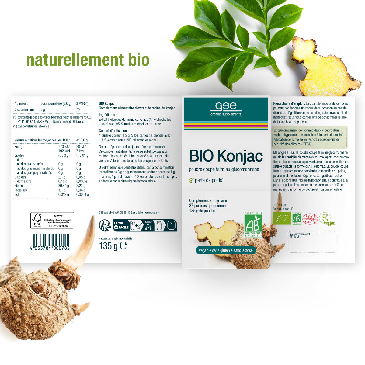 Schachtel mit gse.organic.supplements BIO Konjac FR Pulver mit französischer Produktinformation inmitten von grünen Blättern und Konjakwurzel. Die Verpackung zeigt, dass es biologisch und vegan ist. Der Text lautet "naturellement bio".