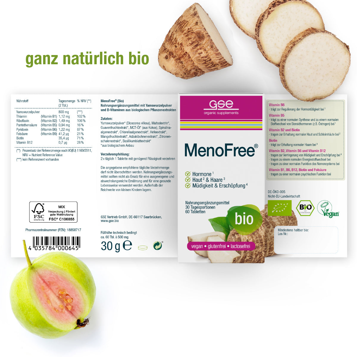 Ein Produktetikett für MenoFree (Bio) von gse.organic.supplements in deutscher Sprache zeigt Bilder von Guave und Yamswurzel, vegane und biologische Logos, Informationen zu den Inhaltsstoffen und Angaben zu B-Vitamin zur Unterstützung des Hormonstoffwechsels während der Wechseljahre auf Weiß.