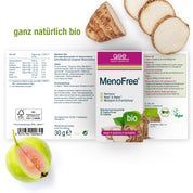 Ein Produktetikett für MenoFree (Bio) von gse.organic.supplements in deutscher Sprache zeigt Bilder von Guave und Yamswurzel, vegane und biologische Logos, Informationen zu den Inhaltsstoffen und Angaben zu B-Vitamin zur Unterstützung des Hormonstoffwechsels während der Wechseljahre auf Weiß.