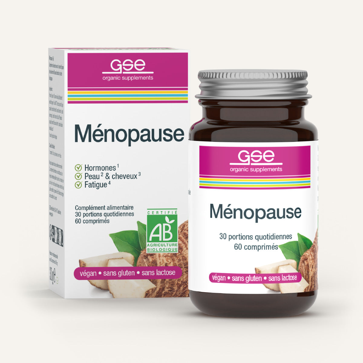 Eine Flasche und eine Schachtel gse.organic.supplements Ménopause (Bio) FR, zur Unterstützung des Hormonhaushalts mit B-Vitaminen; vegan, glutenfrei, laktosefrei - ideal für Hormone, Haut und Haare und zur Linderung von Müdigkeit in den Wechseljahren.