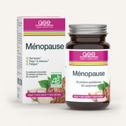 Eine Flasche und eine Schachtel gse.organic.supplements Ménopause (Bio), eine vegane, gluten- und laktosefreie Formel mit B-Vitaminen für den Hormonhaushalt, Haut, Haare und gegen Müdigkeit in den Wechseljahren.