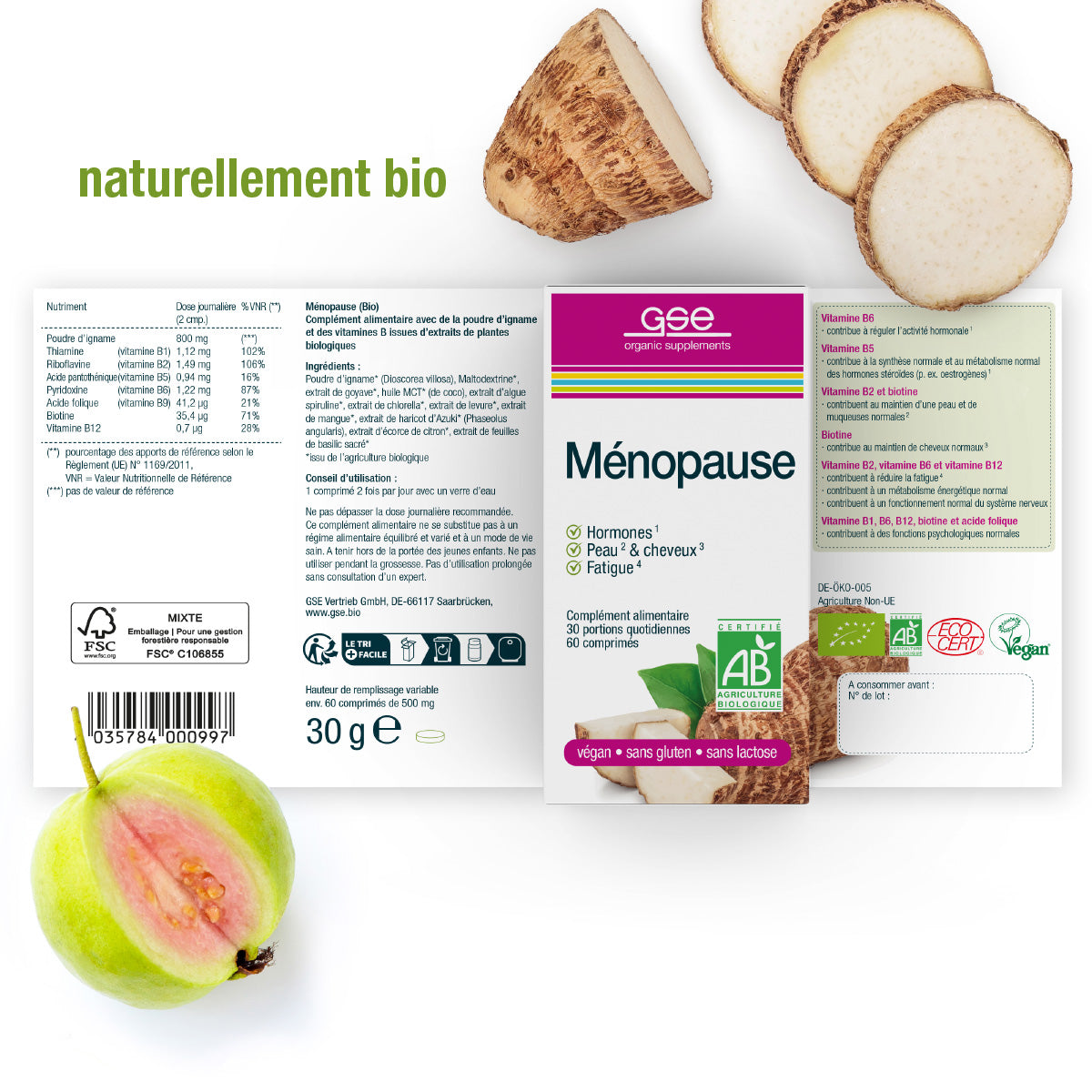 Schachtel gse.organic.supplements Ménopause (Bio) FR mit Wurzelgemüse und Guavenscheiben, mit Nährwertangaben, B-Vitamin zur hormonellen Unterstützung und veganen, glutenfreien und laktosefreien Symbolen auf weißem Hintergrund.