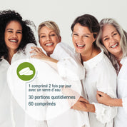 Vier lächelnde Frauen unterschiedlichen Alters in weißen Hemden stehen beieinander, der Text hebt gse.organic.supplements Ménopause (Bio): unterstützt den Hormonstoffwechsel während der Wechseljahre, 2x täglich, 60 Tabletten, essentielle B-Vitamine.