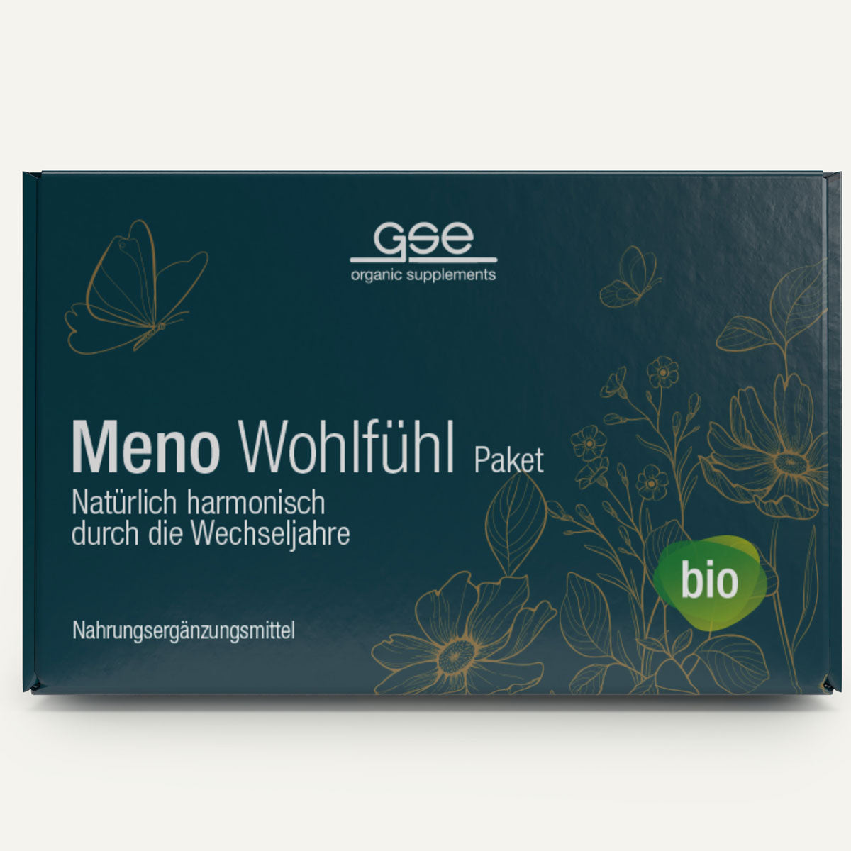 Eine dunkelgrüne Schachtel mit der Aufschrift "Meno Wohlfühl Paket" von gse organic supplements, mit botanischen Illustrationen, deutschem Text zur Unterstützung der Wechseljahre, dem Bio-Symbol und Highlights wie Yamswurzelpulver.