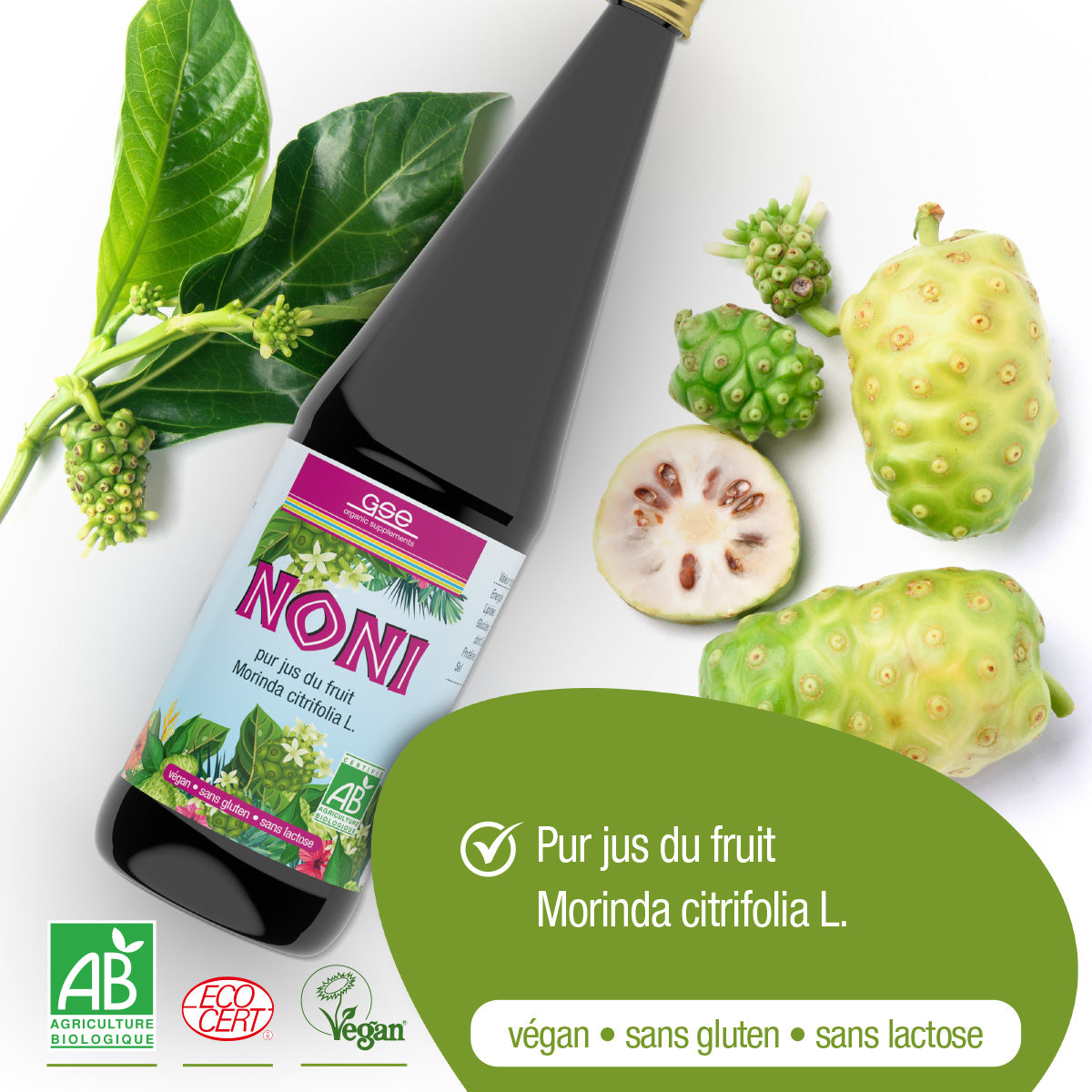 Eine Flasche Noni (Bio) FR von gse.organic.supplements steht neben Noni-Früchten und -Blättern. Auf dem Etikett steht "Pur jus du fruit Morinda citrifolia L.". Icons zeigen an, dass es biologisch, vegan, glutenfrei und laktosefrei ist.