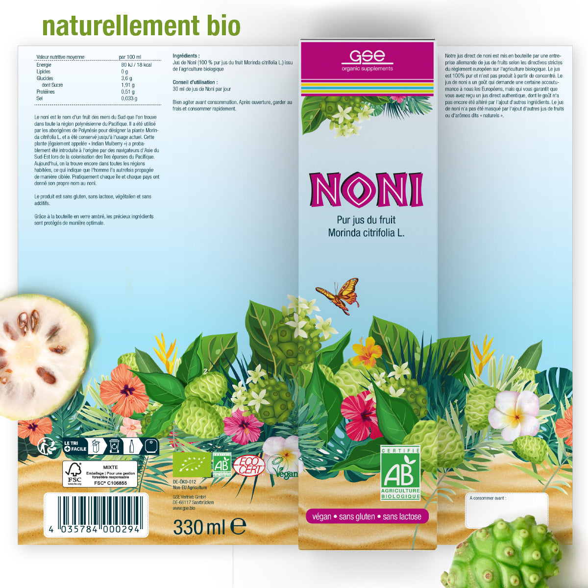Ein farbenfrohes Etikett für Noni (Bio) FR von gse.organic.supplements zeigt tropische Pflanzen, Blumen, einen Schmetterling, eine aufgeschnittene Noni-Frucht und den Text "NONI Pur jus du fruit Morinda citrifolia L.", mit Bio-, Vegan-, Glutenfrei- und NoniDirektsaft-Highlights.
