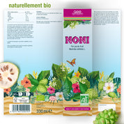 Ein farbenfrohes Etikett für Noni (Bio) FR von gse.organic.supplements zeigt tropische Pflanzen, Blumen, einen Schmetterling, eine aufgeschnittene Noni-Frucht und den Text "NONI Pur jus du fruit Morinda citrifolia L.", mit Bio-, Vegan-, Glutenfrei- und NoniDirektsaft-Highlights.