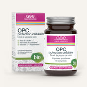 Eine Flasche und Schachtel gse.organic.supplements OPC Zellschutz Complex (Bio) FR mit 60 veganen, gluten- und laktosefreien Tabletten, hergestellt aus OPC Traubenkernen, Flavonoiden und Bio Vitamin C Acerolakirschen.