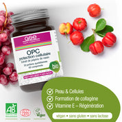 Eine Flasche OPC Zellschutz Complex (Bio) FR von gse.organic.supplements, die als biologisch, vegan, glutenfrei und laktosefrei gekennzeichnet ist, wird neben Trauben und Acerolakirschen mit den wichtigsten Vorteilen auf Französisch gezeigt.