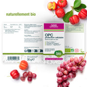 Ein Produktetikett für OPC Zellschutz Complex (Bio) FR von gse.organic.supplements ist umgeben von frischen Weintrauben und Acerolakirschen und weist auf die Zertifizierung als veganes, biologisches und glutenfreies Produkt sowie auf den hohen Flavonoidgehalt hin.