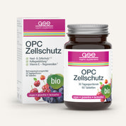 Eine Flasche und eine Schachtel gse.organic.supplements OPC Zellschutz Complex (Bio), mit weißer Verpackung mit lila/grünen Akzenten, Beerenmotiven und veganen, glutenfreien und laktosefreien Etiketten. Enthält 60 pflanzlich-antioxidative Tabletten.