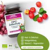 Der OPC Zellschutz Complex (Bio) von gse.organic.supplements wird mit Trauben und Acerolakirschen dargestellt. Die Icons zeigen an, dass er pflanzlich, antioxidativ, vegan, glutenfrei und biologisch ist und den Haut- und Zellschutz unterstützt.